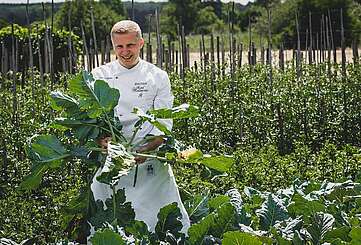 Daniel Reuner auf dem Feld mit Kohlrabi